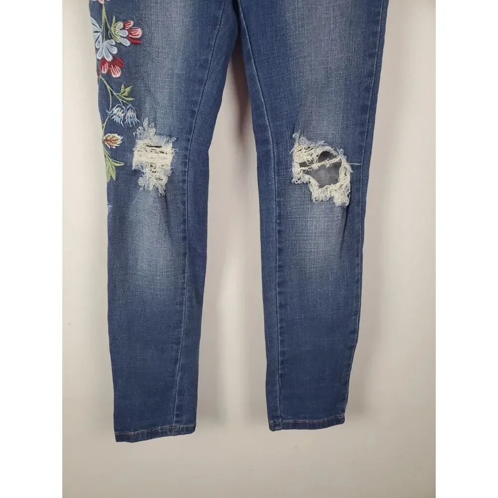 Machine Jeans Womens Juniors 1 Floral Embroidered Skinny Leg Distressed Mid Rise